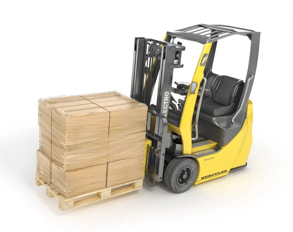 Modern forklift hold pallet with cardboard boxes wrapped in film — Stock Photo, Image