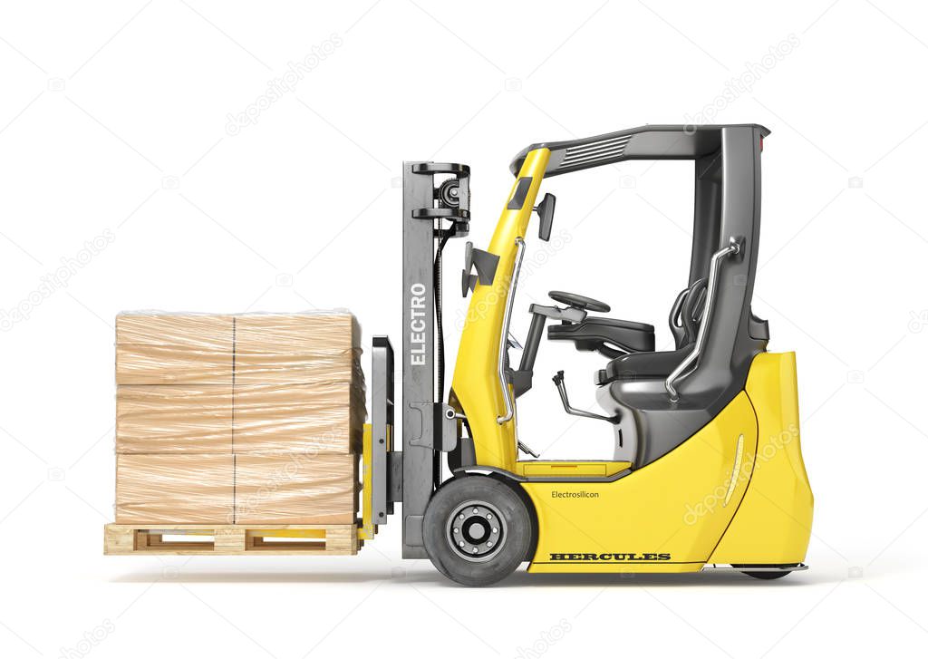 Modern forklift hold pallet with cardboard boxes wrapped in film