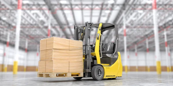 Forklift modern dengan kotak kardus pada latar belakang gudang kabur. Ilustrasi 3d — Stok Foto