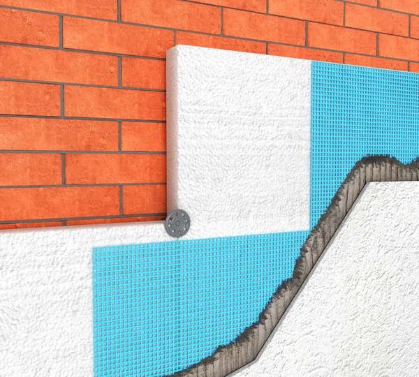 Detalle de Aislamiento térmico de una pared de ladrillo con paneles de poliuretano sobre fondo blanco - Ilustración 3D — Foto de Stock