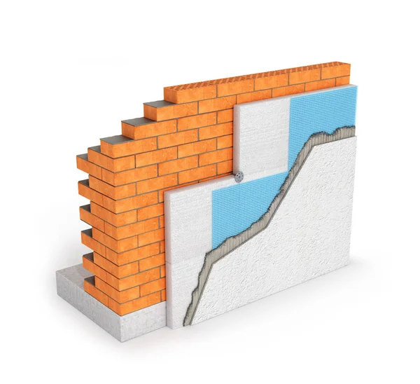 Isolated brick wall thermal insulation concept on white background - 3d illustration — Stock Photo, Image