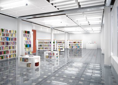 Kitap mağaza iç. 3D çizim