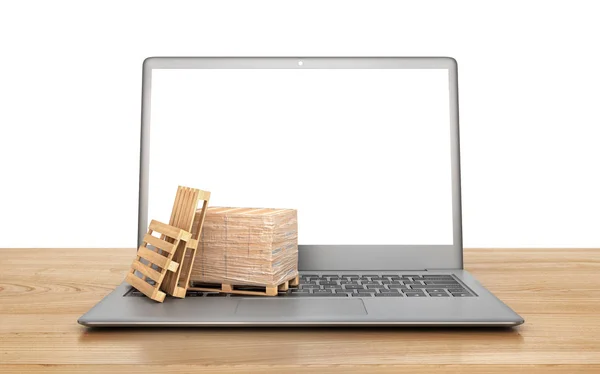 Conceito logístico. Caixas de papelão em um teclado de notebook. ilustração 3d — Fotografia de Stock