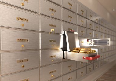 altın izole 3d çizim ile banka güvenli açık hücre