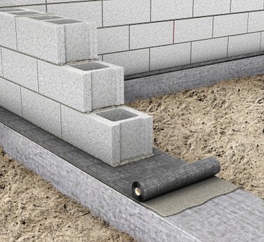 yatay bir ev inşa su yalıtımı. Vakfın üst kısmında su yalıtımı. 3D çizim