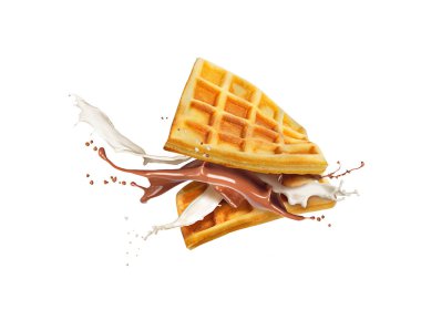 Süt ve çikolata üzerinde beyaz backgr izole ile Belçika waffle