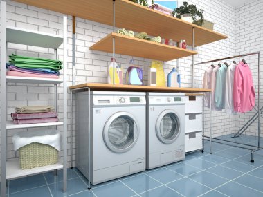 Yıkama ve temizlik için oda tasarımı. 3D Illustrator