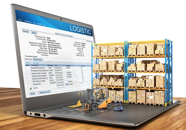 Logistikkonzept. Gabelstapler mit Kartons auf einer Notebook-Tastatur. 3D-Illustration — Stockfoto
