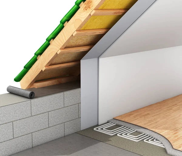 Värmeisolering av tak i huset och installation av ett varmt golv. 3D illustration — Stockfoto