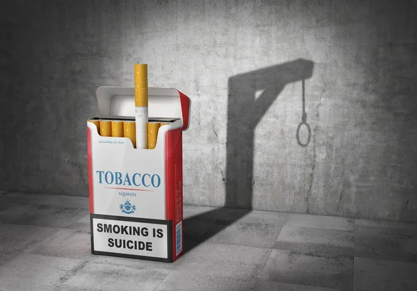 Hälsokoncept. Tobak är självmord. Paket cigaretter kastade skugga i form av galgen. 3D illustration — Stockfoto