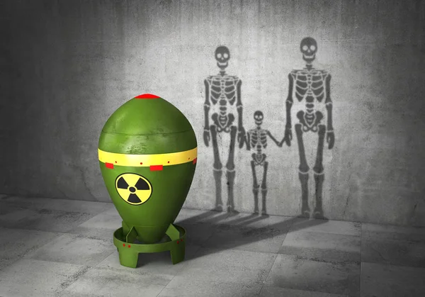 Nuclear war concept. Nuclear bomb cast shadow in form of skeletons family. 3d illustration