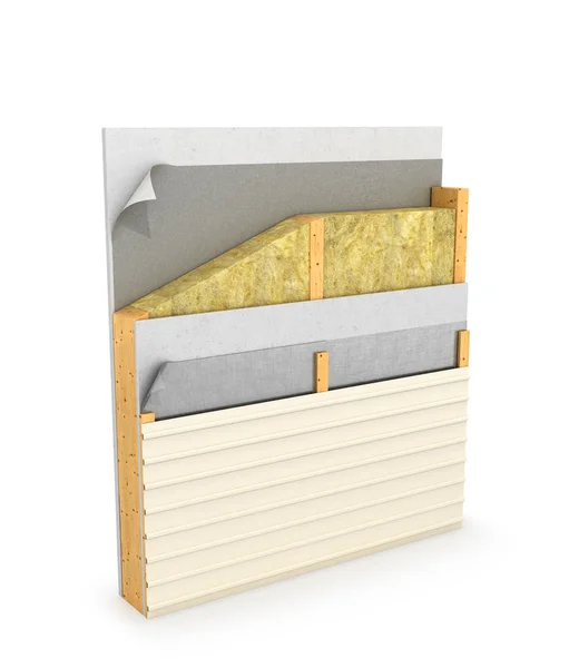 木结构房屋墙体隔热安装方案。3d 插图 — 图库照片