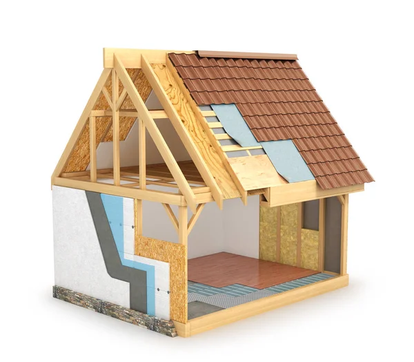 Çerçeve ev, sıcak duvar yükleme ve çatı su yalıtımı bir düzeni gösterir. 3D çizim — Stok fotoğraf