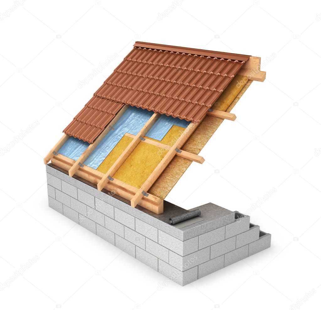 scheme of waterproofing roofs, attic. 3D illustration