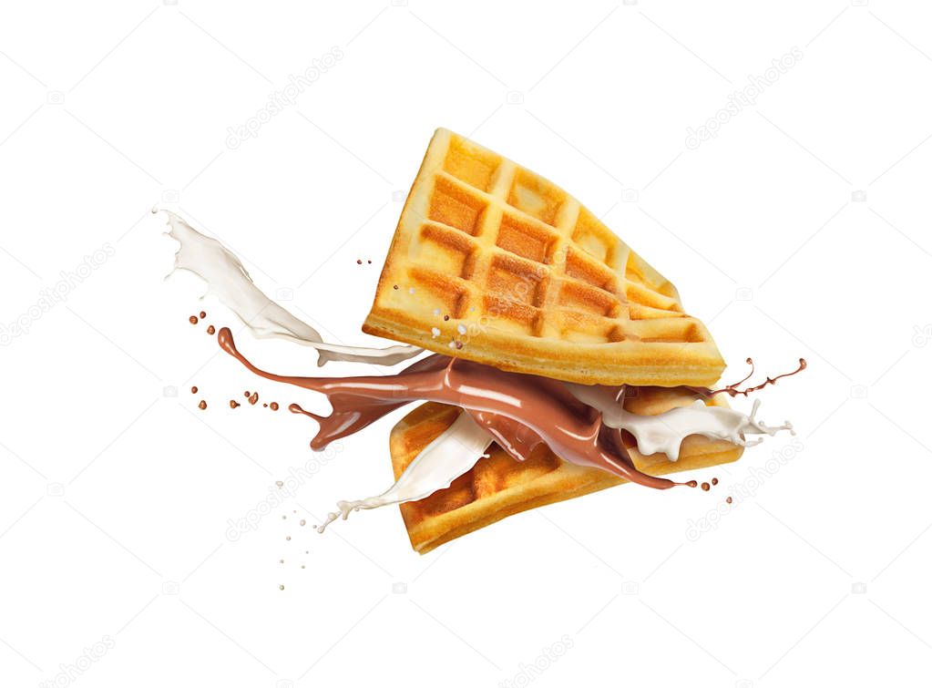 Belgian waffles with milk and chocolate isolated on white backgr