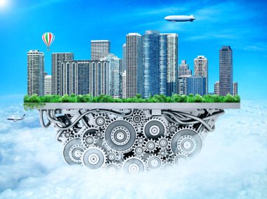 Gelecek kavramı. Mekanize şehir bulutlarda uçar bir