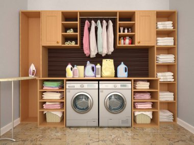 Yıkama ve temizlik için oda tasarımı. 3D çizim