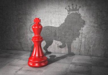 Leader concept. Headman. Chess king cast shadow in form of lion with crown. 3d illustration clipart
