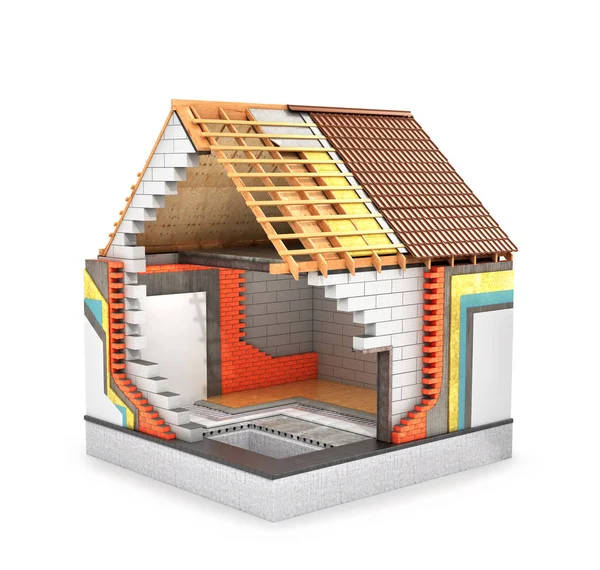 Concept of construction. 3d render of a house in the process of construction — Stock Photo, Image