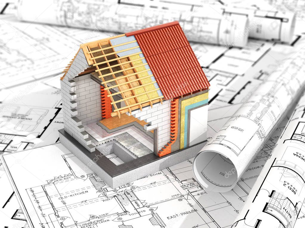 layout of the house on top of architectural drawings. Thermal insulation. 3d illustration