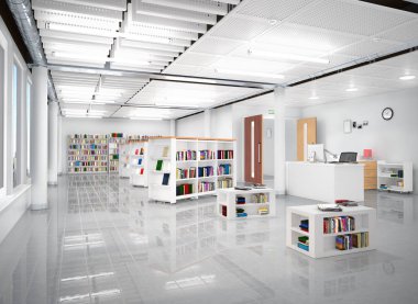 Kitap mağaza iç. 3D çizim