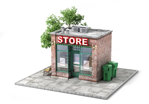 Business concept. Store with empty signboard isolated on a white. 3d illustration