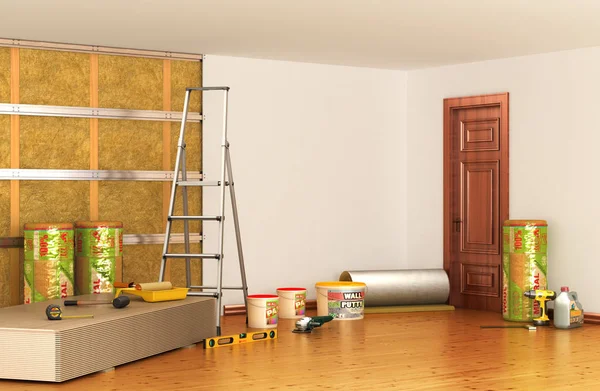 Isolierung und Schalldämmung von Wänden. Innenrenovierung. 3D-Illustration — Stockfoto