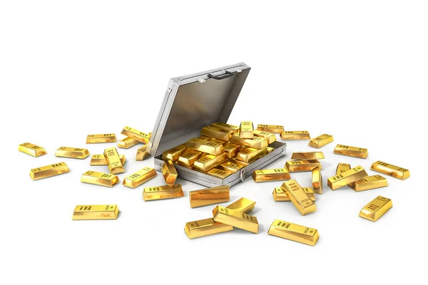 Goldbarren im und um den Koffer. 3D-Illustration — Stockfoto