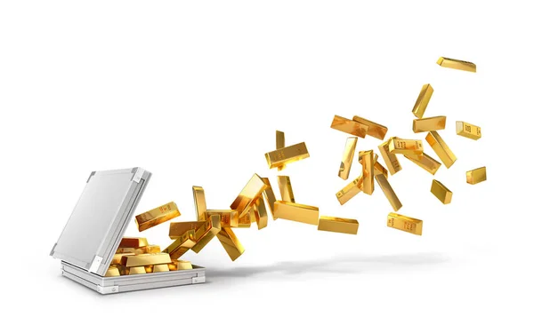 Lingotes de ouro, voando para fora de uma mala — Fotografia de Stock