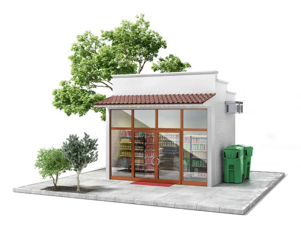 Business concept. Store with empty signboard isolated on a white. 3d illustration