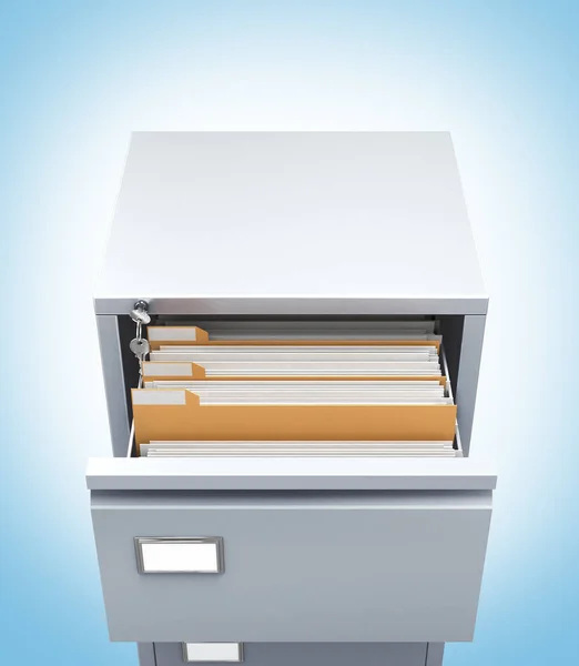 Armário de metal, caixa aberta com documentos, vista superior. Ilustração 3d — Fotografia de Stock