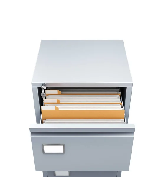 Металлический шкаф, открытая коробка с документами, вид сверху. 3d иллюстрация — стоковое фото