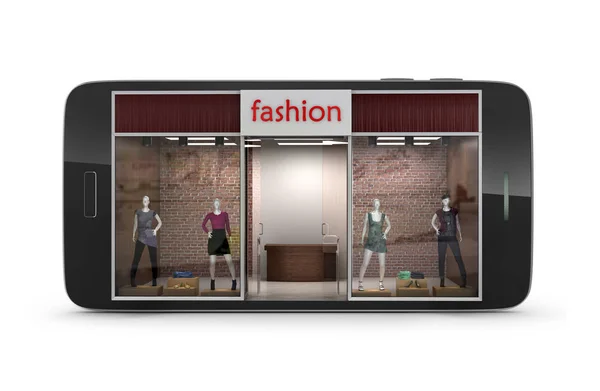 Online Fasion vardır mağaza konsepti. Smartphone 3d illus deposunda cephe — Stok fotoğraf