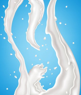 Süt üzerinde izole mavi arka plan su sıçramalarına. vektör çizim