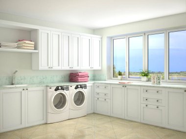 Mutfak iç büyük pencereler ve çamaşır makineleri ile