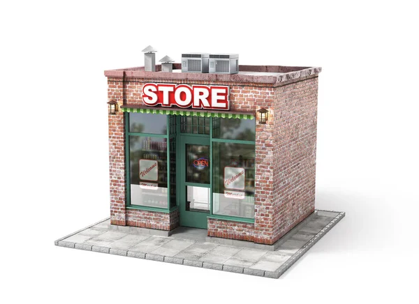 Business concept. Store with empty signboard isolated on a white. 3d illustration — Stock Photo, Image