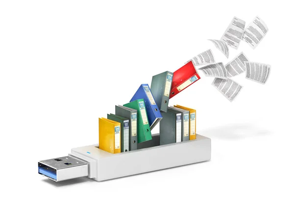 Clé USB avec dossiers et feuilles volantes.Illustration 3d — Photo