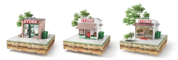 Concept d'entreprise. Ensemble de magasins isolés sur un blanc. Illustration 3d — Photo