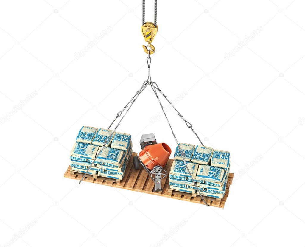 bags with cement and concrete mixer on the crane 3d illustration