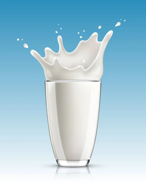 Espalhando leite em vidro no fundo azul — Vetor de Stock