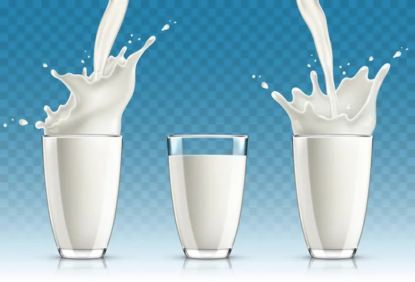 A tej az üveg, átlátszó háttér elszigetelt fröccsenő készlet — Stock Vector