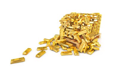 Beyaz arka plan üzerinde izole potdone üzerinde dağınık altın barlar