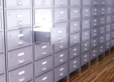 Depolama dolap. Hangi ışık parlıyor, arhive açık çekmece. 3D çizim