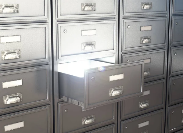 Armario con caja abierta para el almacenamiento en un fondo blanco. Luz desde el interior. ilustración 3d — Foto de Stock