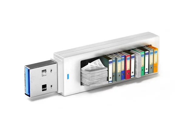 USB-sticka med mappar för paper.3d illustration — Stockfoto