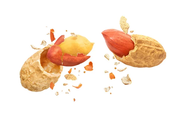 Dried peanuts, broken into two parts, isolated on a white backgr — Stock Photo, Image