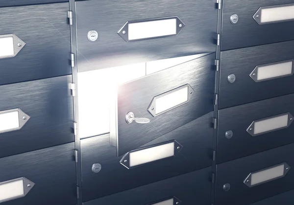 Safes with an open one safe cell. Light from the bank cell. 3d illustration — Stock Photo, Image