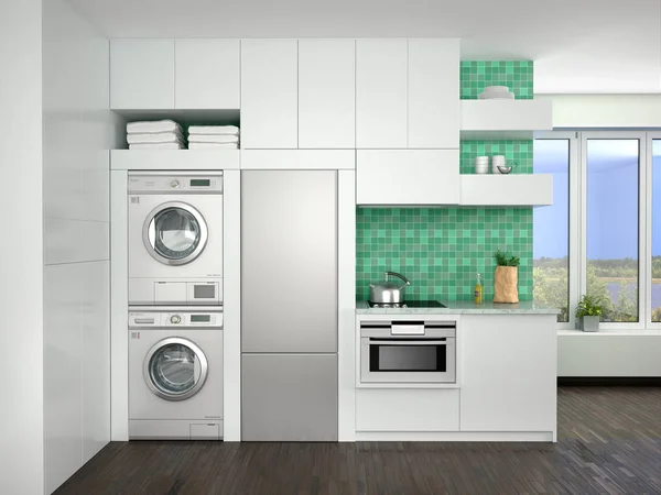 Diseño interior de cocina con lavadoras. Ilustratio 3d — Foto de Stock