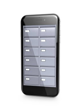 Veri deposu. Dosya dolapları bir cep telefonu ekran içinde. 3