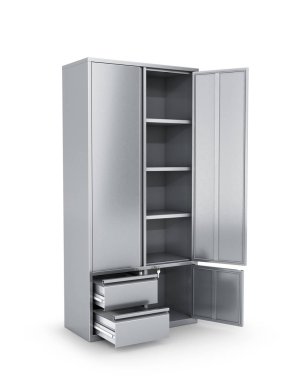 Metal dolap kapıları, araçlar, belgeler. 3D çizim